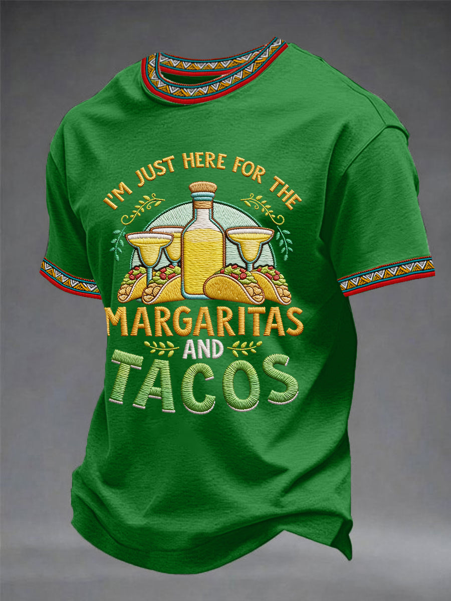 Men's Funny I'm Just Here For The Margaritas And Tacos Print Casual Tee