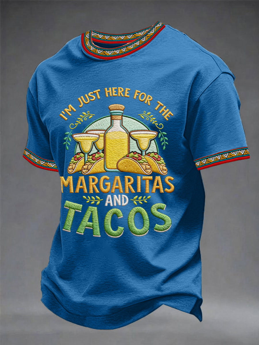 Men's Funny I'm Just Here For The Margaritas And Tacos Print Casual Tee