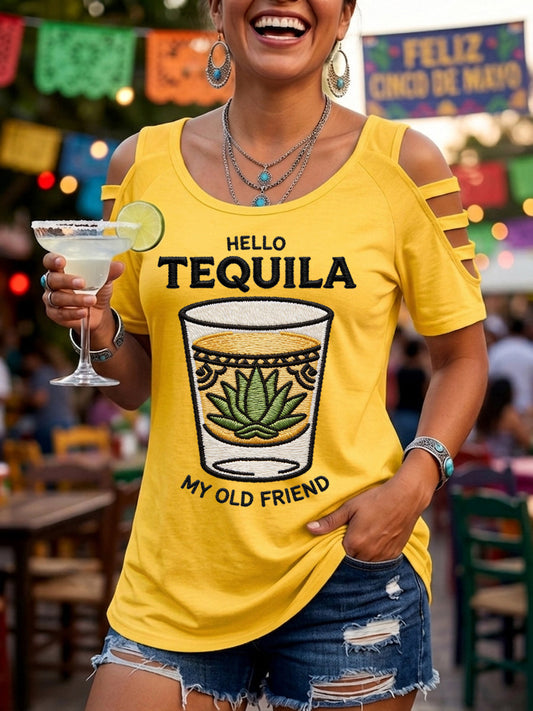 Women's Funny HELLO TEQUILA MY OLD FRIEND Cinco De Mayo Print Casual Top