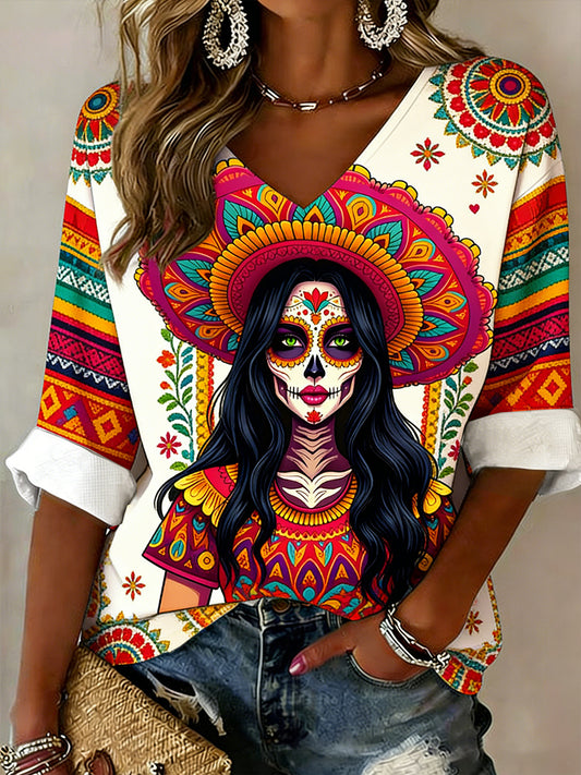 Women's May 5th Festival Ethnic Style Printed Casual V-Neck Top
