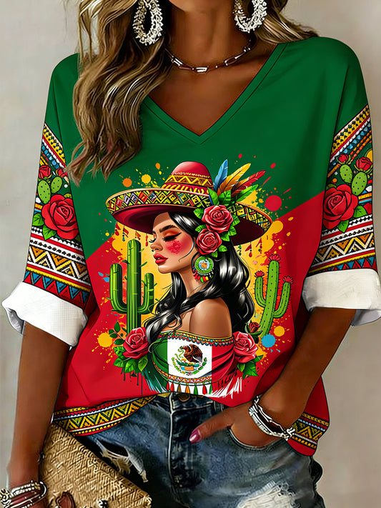 Women's May 5th Festival Ethnic Style Printed Casual V-Neck Top
