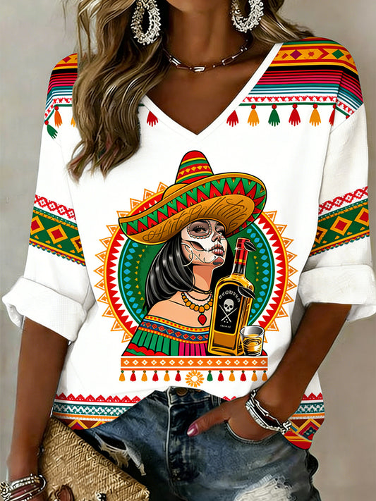 Women's May 5th Festival Ethnic Style Printed Casual V-Neck Top