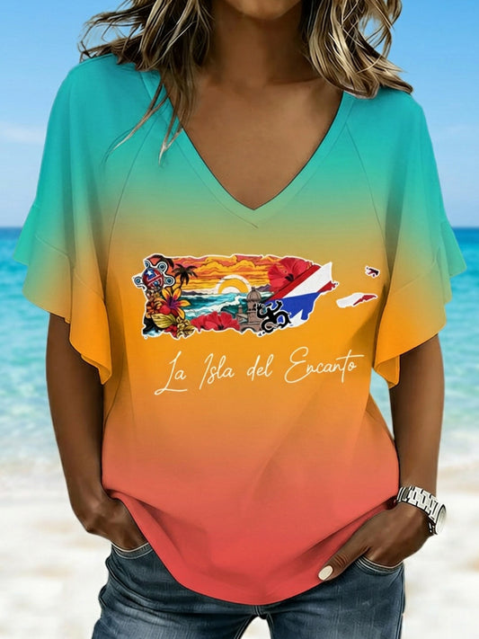 Women's Puerto Rico Print Vacation Shirt